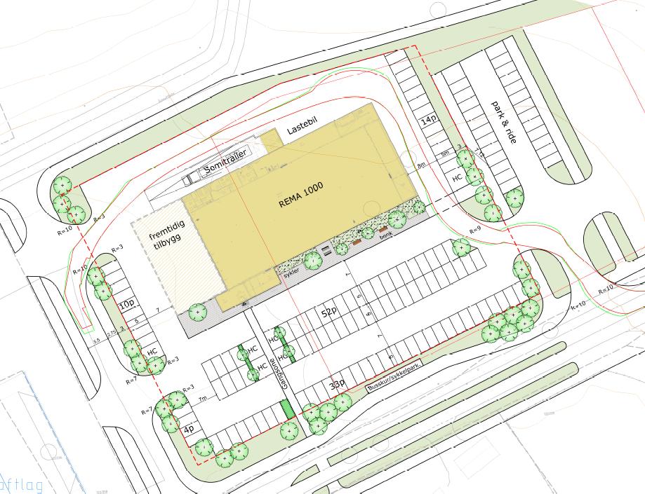 4 Planlagt utbygging 4 Planlagt utbygging Det planlegges oppført et bygg på en etasje som skal huse den nye Rema butikken i Rissa sentrum. Deler av bygget er prosjektert med to etasjer.