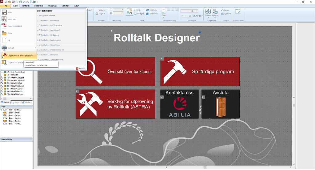 10. Bytt modus Hindre tilgang til sidepanel og Windows tast når man bruker et program i Rolltalk Designer.