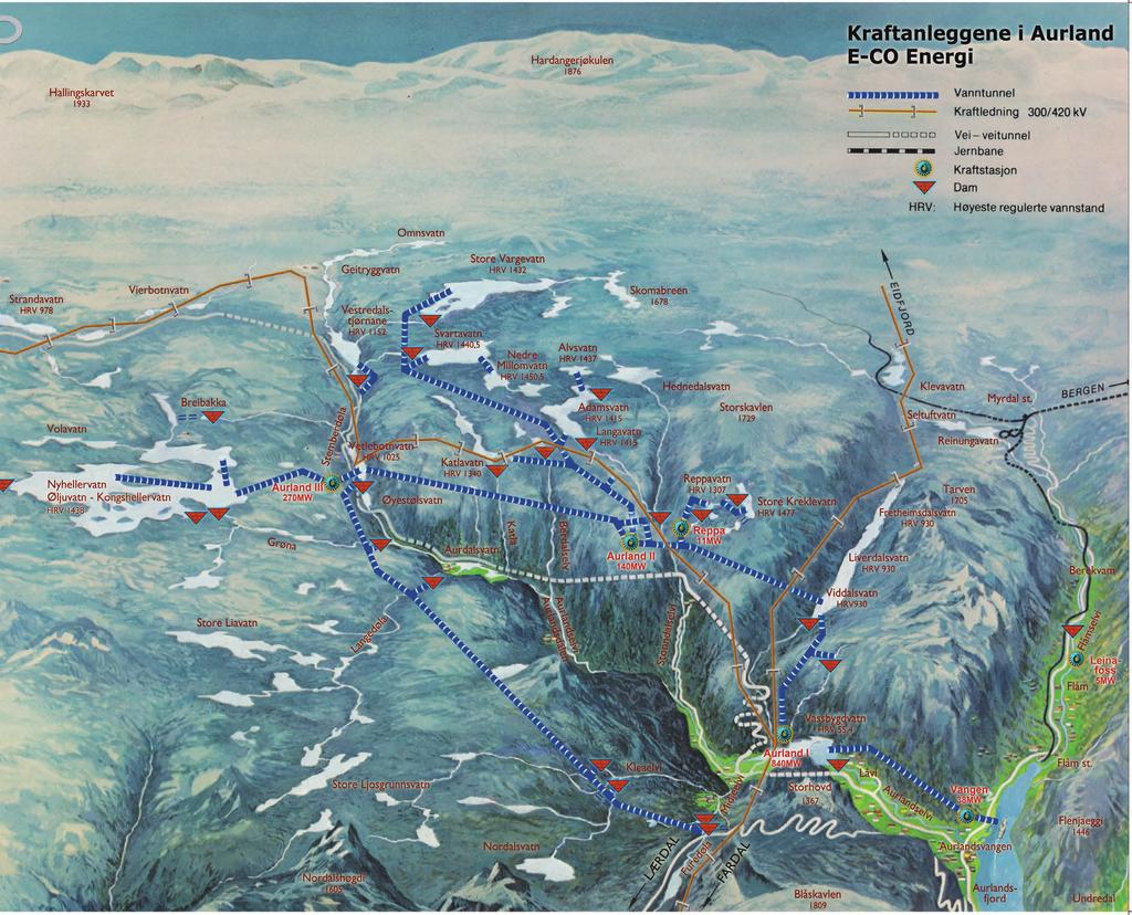 5. UTBYGGINGS- PLANENE Planene for utbyggingen av Aurlandsvassdraget var omfattende. Både østsiden og vestsiden av dalen skulle benyttes. 37 vann ville bli berørt av utbyggingen.