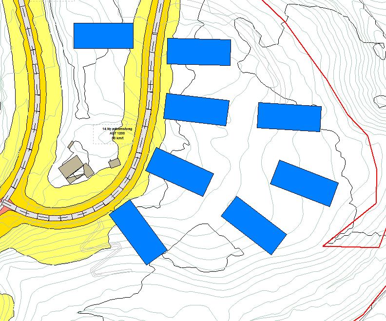 4 Beregning av utendørs lydnivå Figur 7 Støykotekart for Lden i 1,5 meter høyde for arealer på bakkeplan mellom byggene i områdene Ba og Bb. 4.