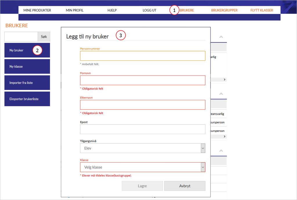 REGISTRERE ENKELTBRUKERE I tillegg til å registrere brukere ved import er det også mulig å registrere enkeltbrukere. Gå til Brukere fra hovedmenyen for å registrere en bruker. Klikk på Brukere. 1.