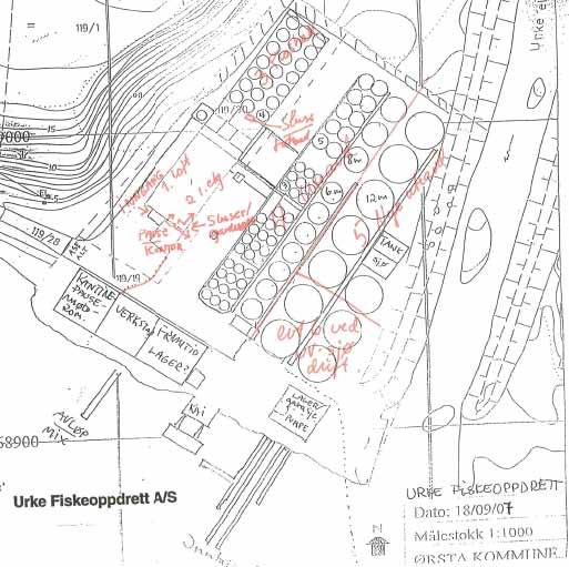 Rapport nr.: 20081633-1 Side: 7 / Rev.: 0 Figur 2.2: Planer for det utvidede anlegget til Urke Fiskeoppdrett as.