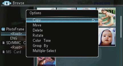 » Albummodusen vises. [Copy] [Move] [Delete] [Rotate] [Color Tone] [Group By] [Multiple-Select] Albummeny : 1 Velg et album, og trykk deretter på.