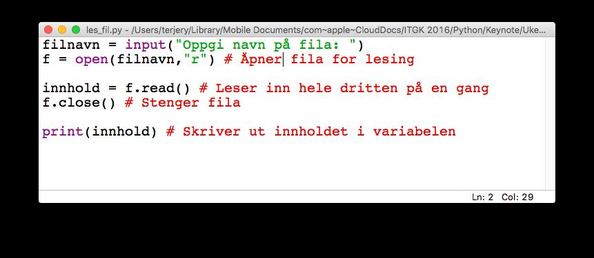 19 Lese strenger fra fil For å lese strenger fra fil, benyttes: streng = filvariabel.