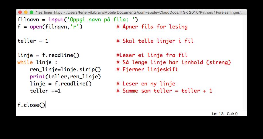readline() # returnerer ei linje read() kan benyttes hvis fila ikke inneholder for store mengder data, men bør unngås for store