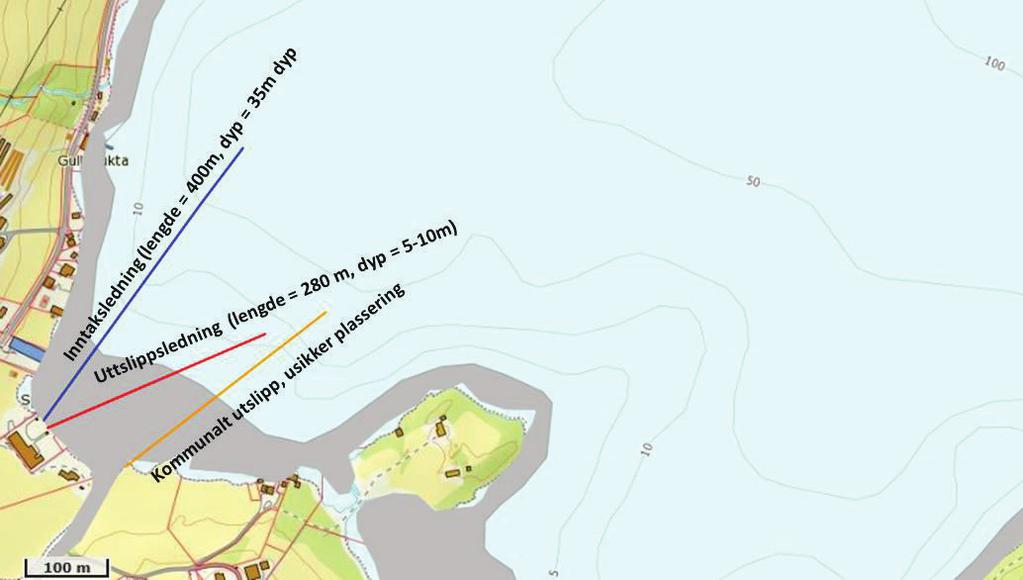 5 Figur 6: Oversikt over trasè for vanninntak og utslipp til anlegget. Anslått beliggenhet av kommunalt utslipp er også tegnet inn.