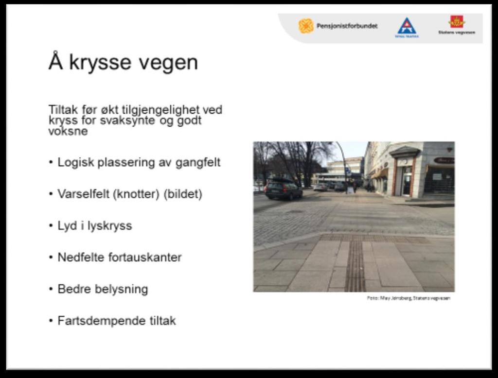 Lysbilde 9 Å krysse vegen Aktivitet: Samtale og diskutere Hvilke tiltak har dere erfart? Har du nytte av det? Begrepsforklaring: Ledelinjer er for blinde og svaksynte.