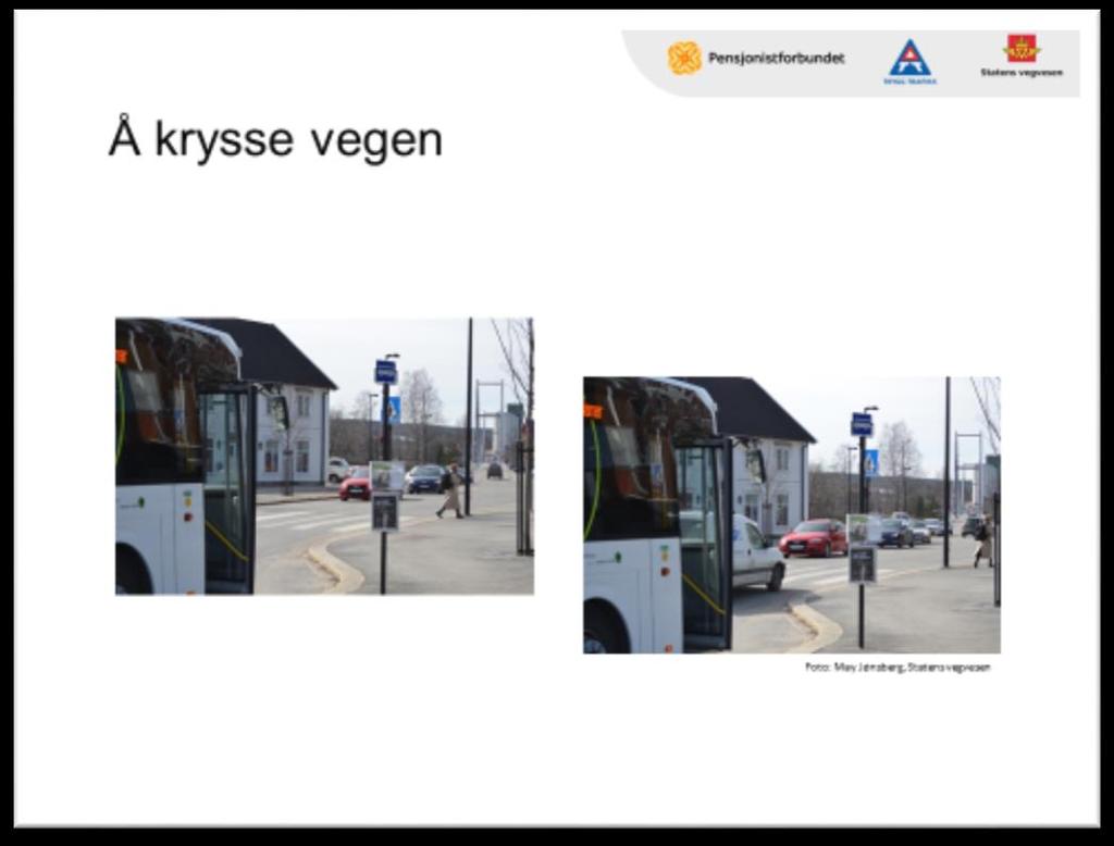 Lysbilde 10 Å krysse vegen Aktivitet: Foredra Relativt mange av dødsulykkene med eldre personer skjer i tilknytning til bussholdeplasser; omtrent 20 %, som regel i forbindelse med at personen skal