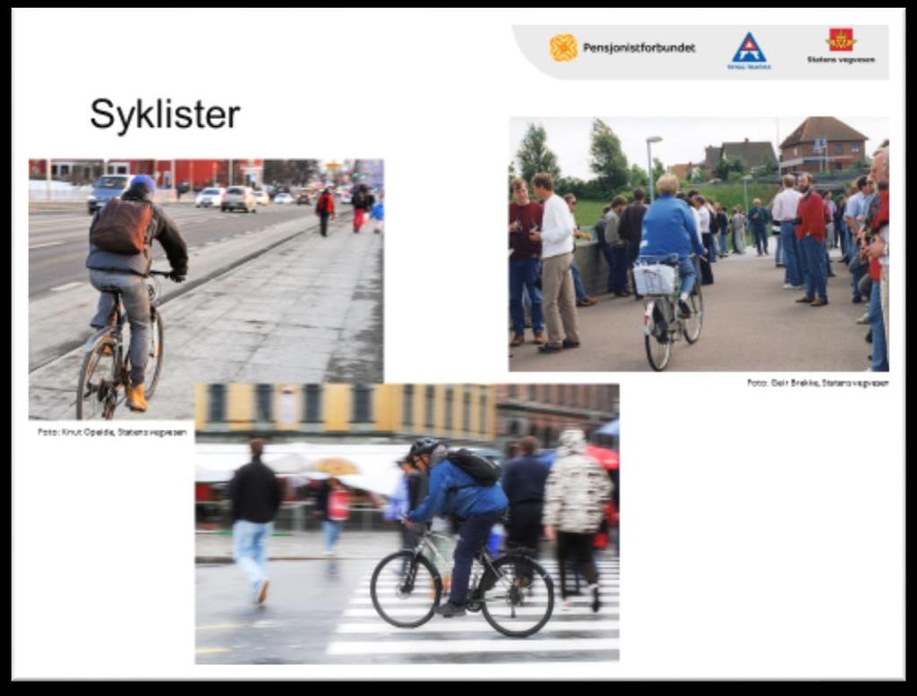 Lysbilde 13 - Syklister Aktivitet: Dele erfaringer Hvordan opplever du å møte syklister når du går? Gi deltagerne tid til å tenke og samtale, gjerne to og to, før dere oppsummerer i fellesskap.