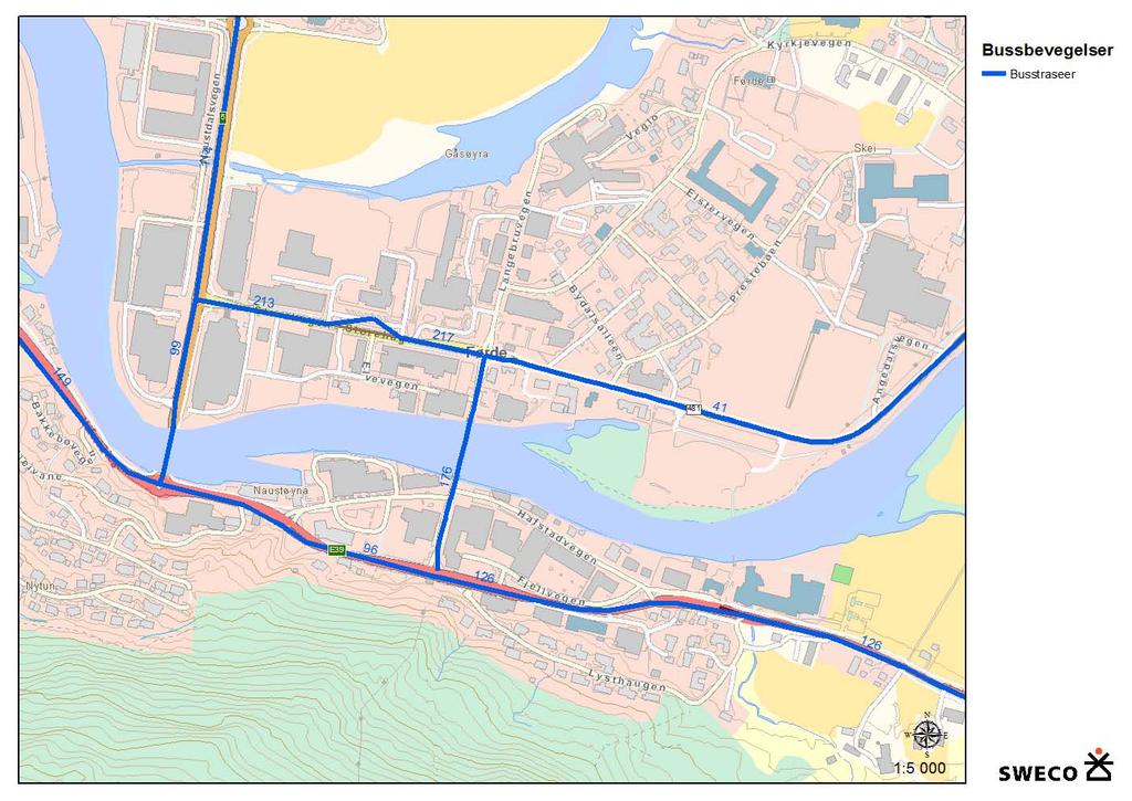 Figur 24 Kollektivtrafikk i Førde sentrum, med antall busser/døgn pr strekning. 15.