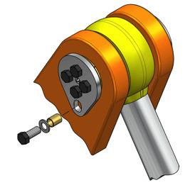 1.3/ Insert the pin with the inner conical sleeves still mounted. Line it up with an equal distance on both sides to the outside of the support. NB!