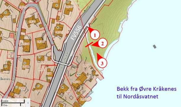 3) Bekk fra Øvre Kråkenes til Nordåsvatnet Bekk fra Øvre Kråkenes ble synfart 23. november 2015 av Lene Rabben (Statens Vegvesen) og Geir Helge Johnsen.