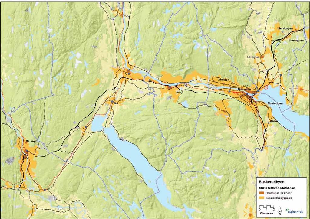 Hokksund Steinberg Drammen Lier Lierstranda Mjøndalen Gulskogen Brakerøya Vestfossen Darbu Raumyr Kongsberg Skollenborg Kommunesenter og kollektivknutepunkt