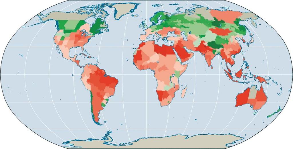 Modellert endring i matproduksjon i 2050 pga endring i nedbør og temperatur.