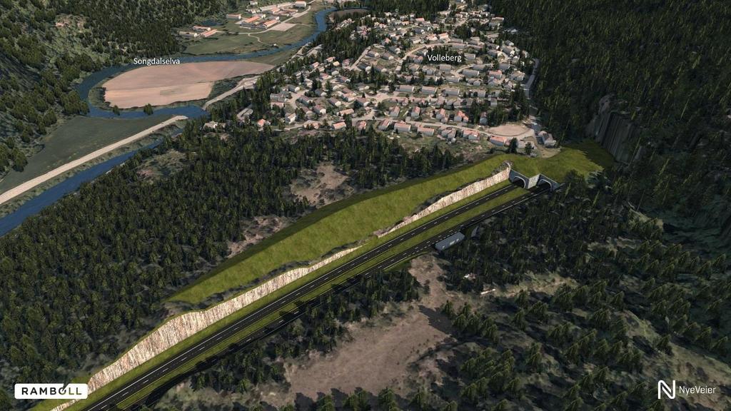 Volleberg Justering av veglinjen fra kommunedelplan til reguleringsplan Tunnelportaler Støy Støyvoll Turveger