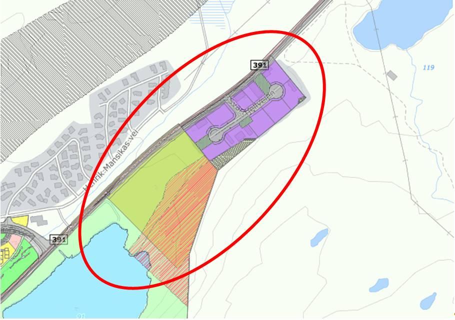 Alternative tomter i samme område. I forbindelse med vurdering av tomten øverst i Fuglenesdalen ble det også sett på et område på den andre siden av fylkesveien 391.