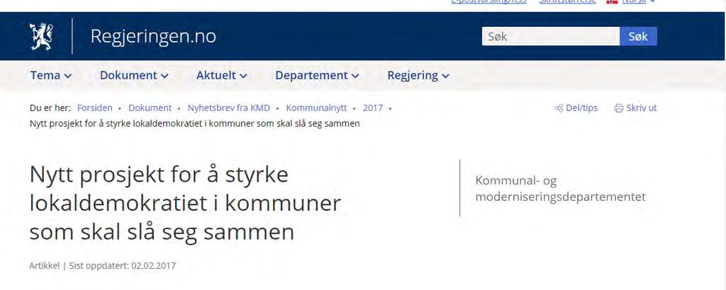 Fornyelse og utvikling av lokaldemokratiet i kommuner med vedtak om sammenslåing (KMD) Samlinger, verktøy, underveisevalueringer og økonomisk tilskudd (100 000,- per