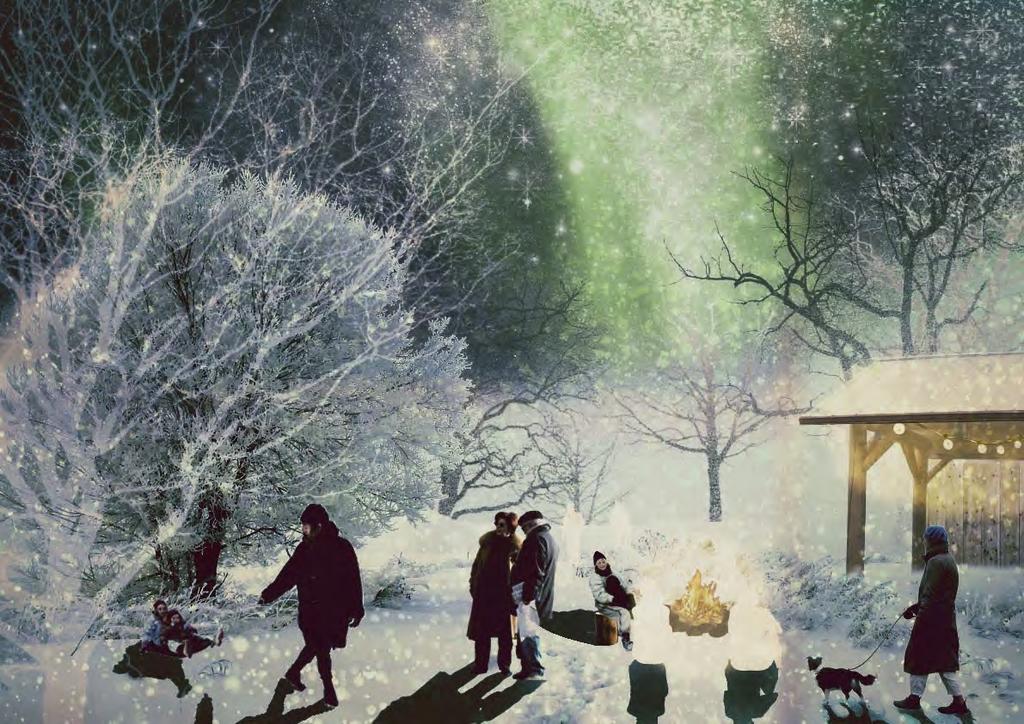 Illustrasjon som viser Talvikparken en vinterkveld med bål og et enkelt skjul i bakgrunnen.