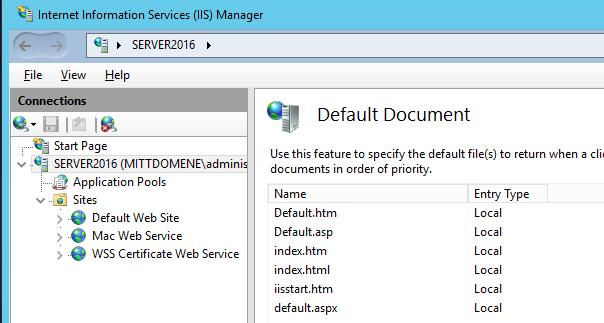 Internet Information Services (IIS) Standard dokumentnavn (Default Document) Navn på webfiler som åpnes automatisk hvis URL ikke inneholder filnavn» kan være html-filer eller webapplikasjoner (php,