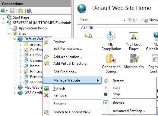 Internet Information Services (IIS) Avanserte innstillinger som settes for hvert nettsted (site) Nettstedets (sitens) navn