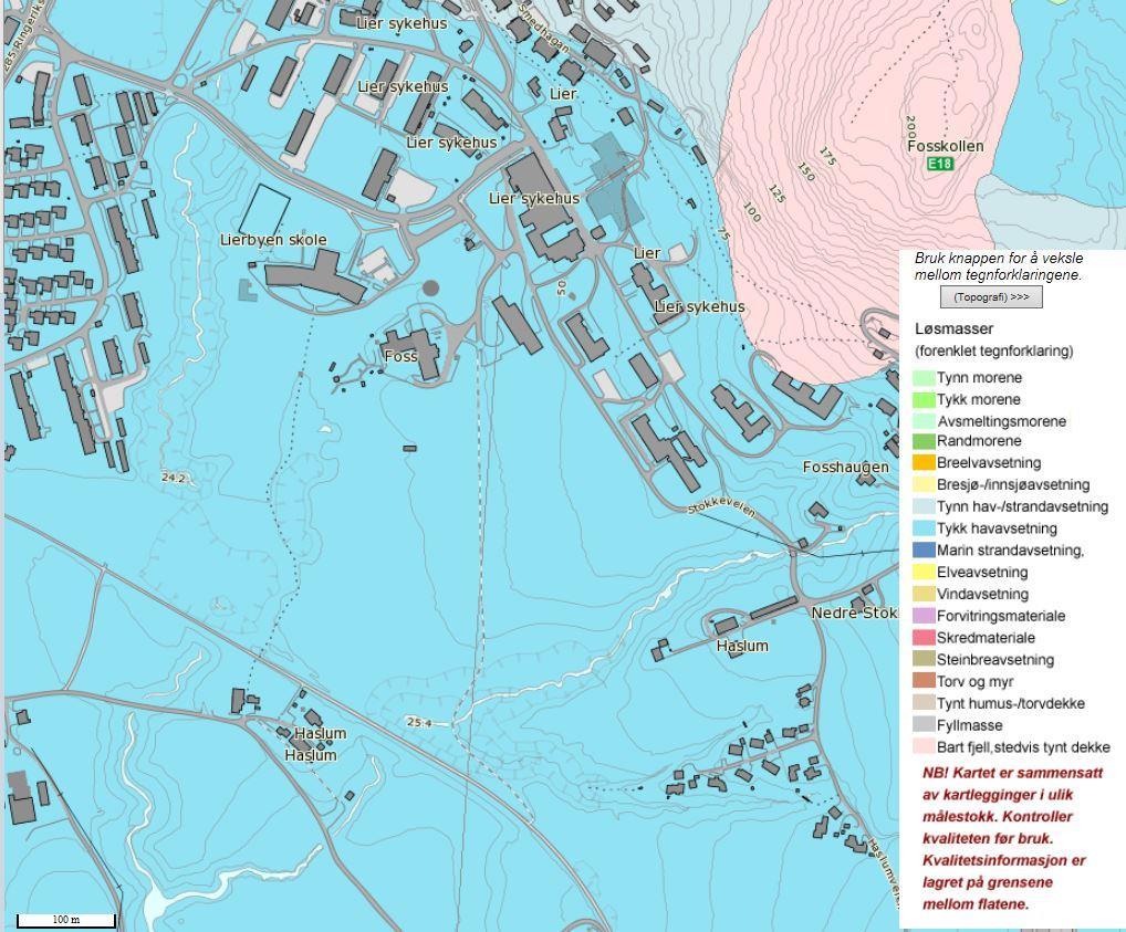 Grunnforhold NGUs løsmassekart /2/ over området viser at løsmassene i planområdet består av tykk havavsetning (lys blå). Øst for området er det bart fjell eller tynt dekke (rosa).
