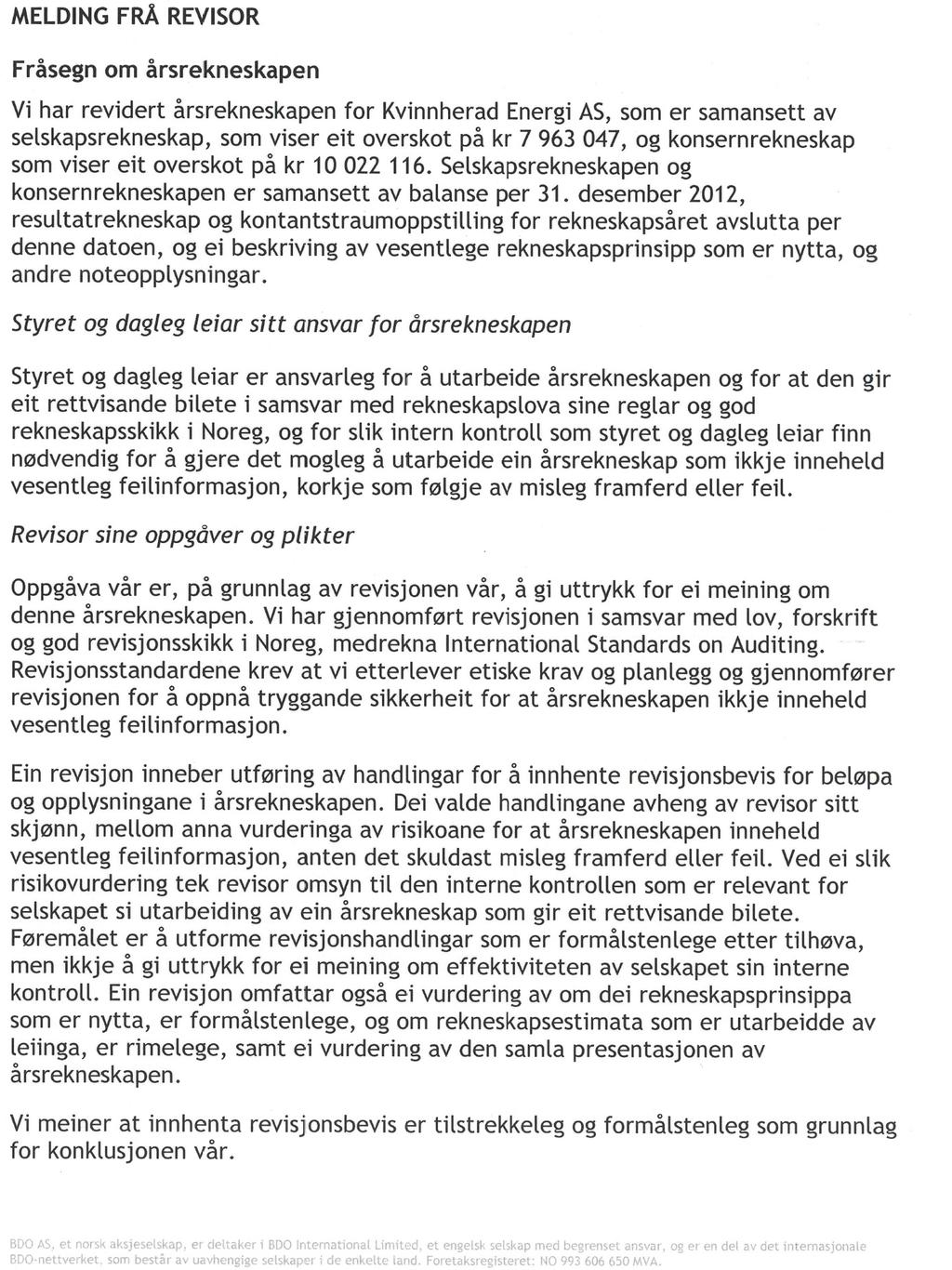 REVISORS MELDING Årsrapport for