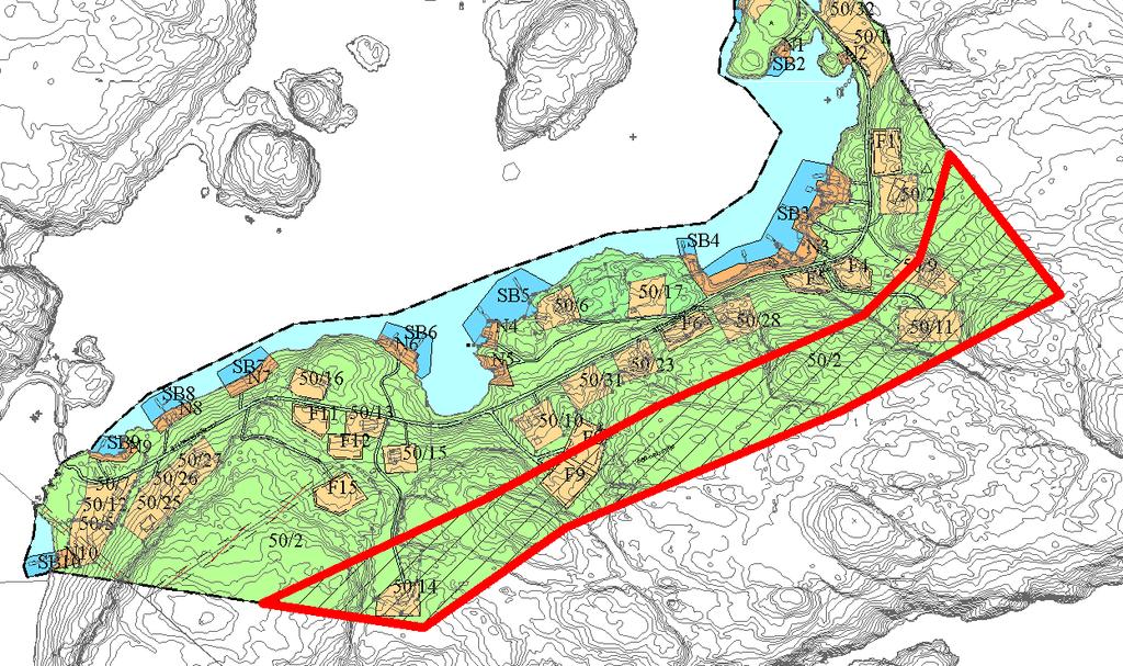 HOVEDINNHOLD Formålsområder Sammendrag: Det foreslås 9 nye fritidsboligtomter i planen. Alle de nye tomtene er plass ert på øvre side av stien.