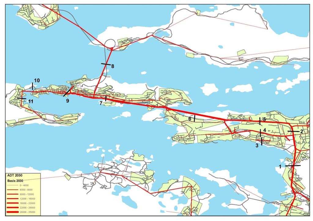 2.2 Basis 2030-0-konsept Snitt ÅDT RTM 2010 ÅDT RTM 2030 Prosentvis forskjell (%) 1.Blindheimstunnelen 20 000 25 500 28 2. Moatunnelen 11 500 14 500 26 3. Borgundfjordvegen 3 000 3 500 17 4.