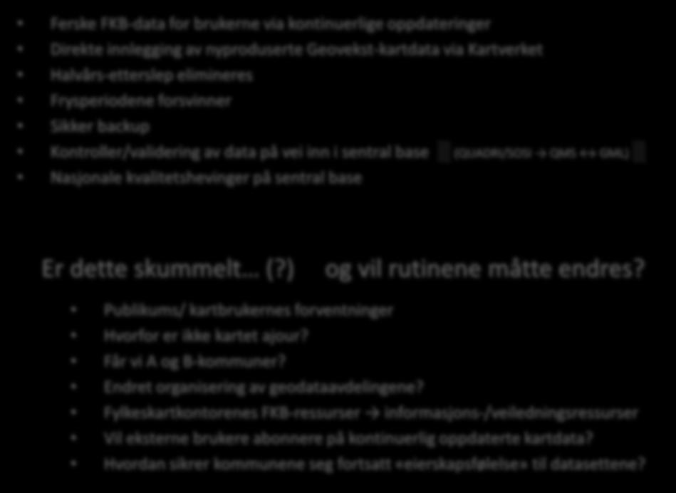 Ferske FKB-data for brukerne via kontinuerlige oppdateringer Direkte innlegging av nyproduserte Geovekst-kartdata via