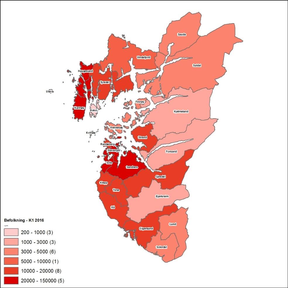 Rogaland demografi Folketal i kommunane i Rogaland, januar 2016 Rogaland har 26 kommunar, med til saman 470 000 innbyggarar 1. januar 2016. 12 kommunar har under 5000 innbyggarar, 9 kommunar mellom 5 og 20 000, og 5 kommunar har meir enn 20 000 innbyggarar.