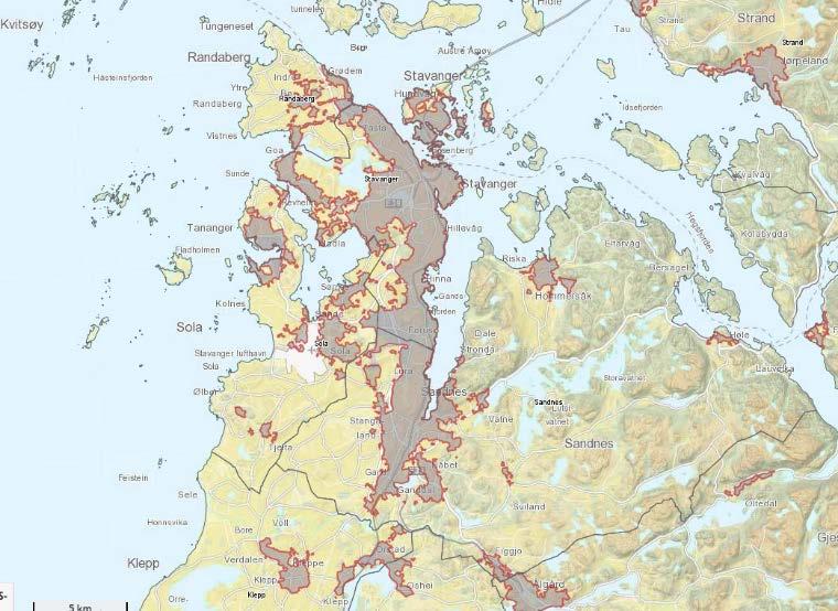 Tettstadsområde 2016 slik det er definert av SSB Jæren er det mest integrerte arbeids- og bustadområdet i fylket, med Sola og Stavanger som peikar seg ut med stor netto pendling inn.