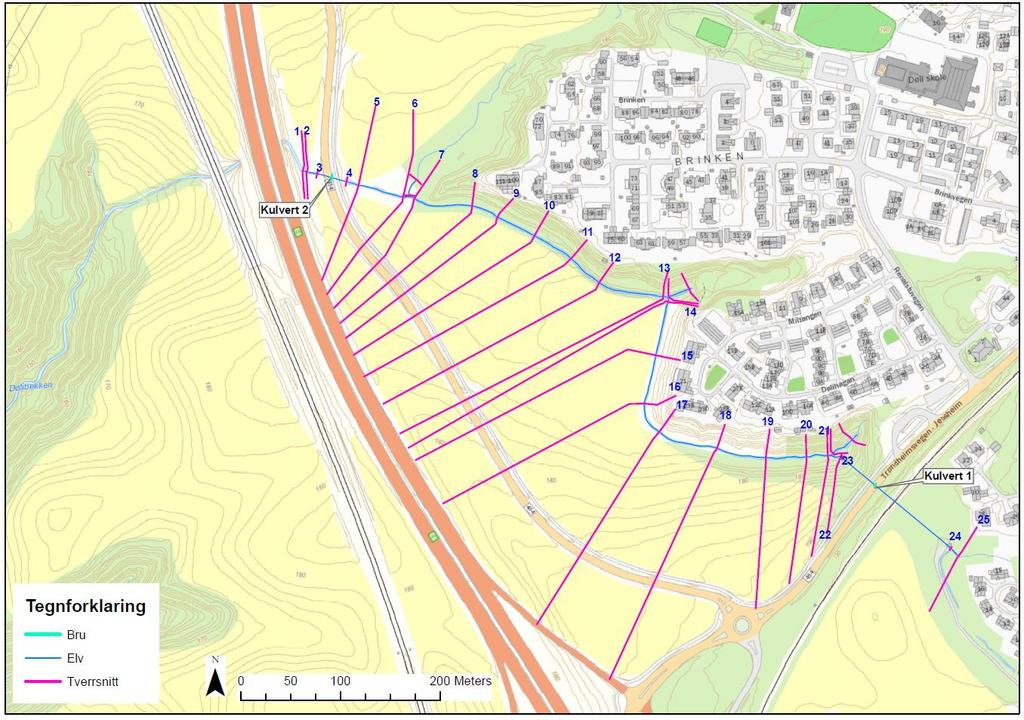 10 3 VANNLINJEBEREGNING 3.1 Geometri og elvemodell Det er satt opp Hec-Ras modeller for Dølibekken strekning som kan påvirke planområdet.