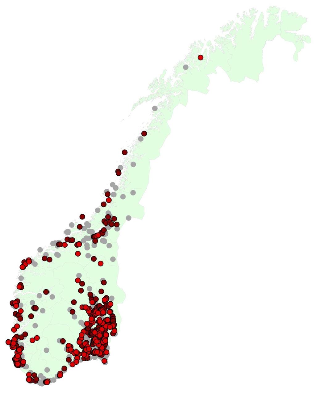 Figur 5. Utbredelse av åkerrikse de tre siste år sammenliknet med tidligere forekomst.