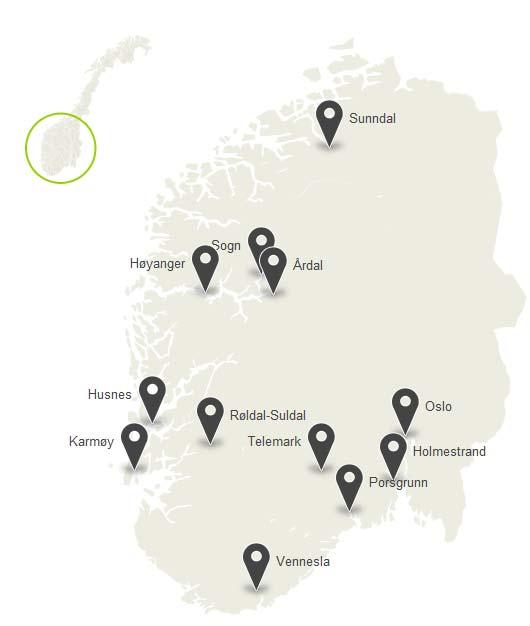 2.8 Vannforekomstene som inngår i prosjektet Hydro har en rekke større industri og produksjonsanlegg i Norge (Figur 7).