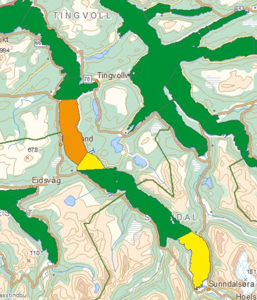 Samlet klassifisering: Figur 12 A viser samlet økologisk klassifisering i Vann-Nett for hele Sunndalsfjorden med alle dens vannforekomster.