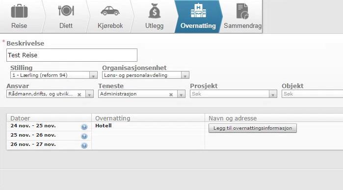 9. OVERNATTING OG SAMANDRAG Under «overnatting» må «namn og adresse» førast på overnattingsstad. Under «Samandrag» ser du oversikt over alle postar i reiserekninga.