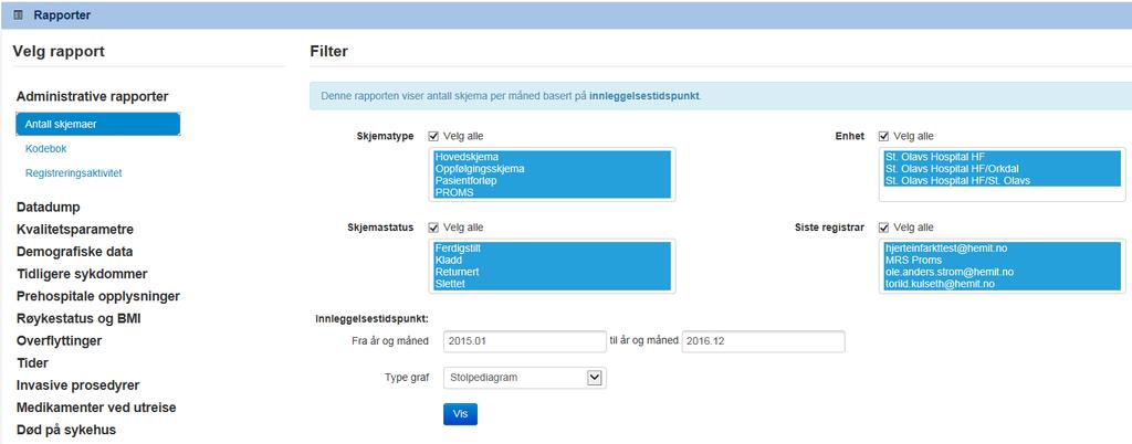 Rapport Under "Rapporter" i menylinjen har sykehuset tilgang til å ta ut rapport over egne innregistrerte data. Standardrapporter viser resultater i figurer og/eller tabeller.