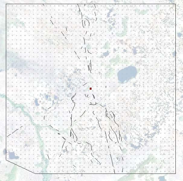 Figur 23. Mye kjørespor (ca 7,5 km) på myrflate 1871-071, Slettvoll, Andøy, Nordland, trekker opp antall meter kjørespor pr km² i rapporten for 2013.