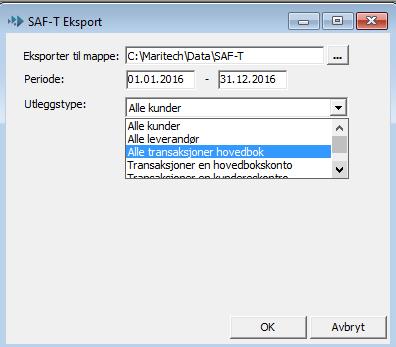 Utlegg av data skjer til en mappe på lokal pc, velg mappe for utlegg. Filnavnet blir «SAF-T Financial_org.nr+dato_klokkeslett.xml».