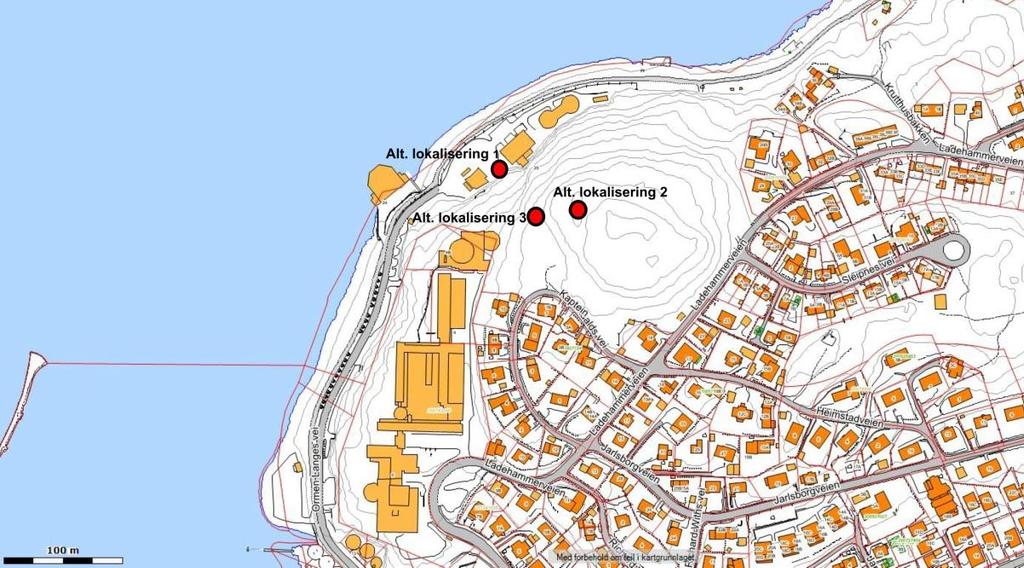 Alternativ lokalisering 2 innebærer: - Pipa plaseres oppe ved Ladehammeren. - Pipa plasseres på ca. kote 66. - Pipa har diameter 2,6 m.