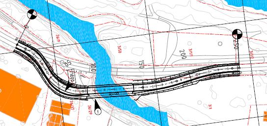 Figur 25 Omkjøringsveg og interimbru ved Vingersnoret Trafikken ledes inn på næringsområdet ved dagens adkomst til eiendommene gnr/bnr 26/29 og 26/37.
