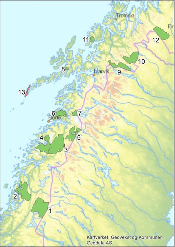 Navn Oppret tet År km² Kart nr Børgefjell 1963 1447 1 Lomsdal-Visten 2009 1102 2 Saltfjellet- 1989 2102 3 Svartisen Láhko 2012 188 4 Junkerdalen 2004 682 5 Sjunkhatten