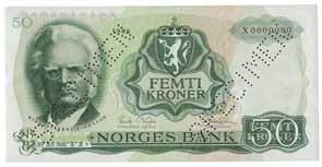 Sedler Sedler/Banknotes 5. UTGAVE SPECIMEN 87 100 kroner 1963. X0000000. R. 0 10 000 88 50 kroner 1966.
