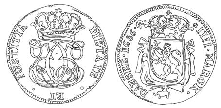Norske mynter før 1874 Unik variant af den fornemme Kongsbergkrone 1686 (NMD 178B) af Sven Aagaard NMD 178B De tidlige, grove Kongsbergkroner 1686-1688 udgør en kompleks gruppe, som i takt med