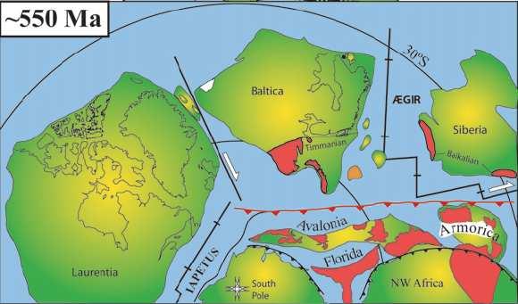 Kapittel 2 - Geologisk og tektonisk rammeverk Figur 2.2: Paleogeografisk rekonstruksjon av Baltica og omkringliggjande kontinent i sein ediacara ca. 550 Ma.
