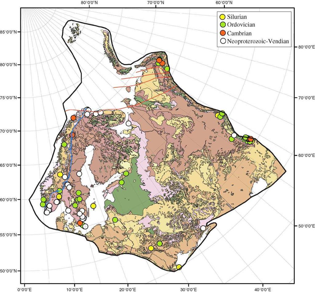 Kapittel 2 - Geologisk og tektonisk rammeverk domene med bergartar høvesvis datert frå 3.5-2.7 Ga og 2.5-1.7 Ga (Bogdanova et al., 2001). Figur 2.3: Baltica med plassering og geologi som i dag.