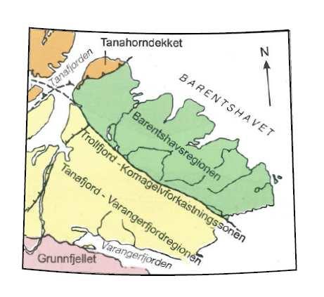 Kapittel 2 - Geologisk og tektonisk rammeverk Berggrunnsgeologien på Varangerhalvøya består nesten utelukkande av sedimentære bergartar frå sein prekambrium med lagdelt sandstein og skifer og noko