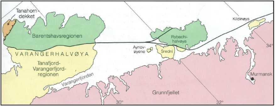 Kapittel 2 - Geologisk og tektonisk rammeverk Figur 2.8: TKFZ forsett frå Varangerhalvøya austover til NV Russland. Frå Siedlecka et al. (1998).