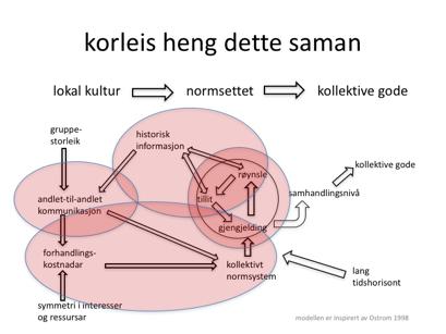 Men korleis heng alt dette saman? går det ei rett line frå kulturen i grenda med det tilhøyrande normsettet og produksjonen av kollektive gode?