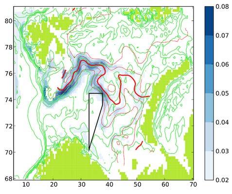 Polarfronten De sentrale og nordlige deler av Barentshavet er i liten grad påvirket av ferskvannavrenning fra land.